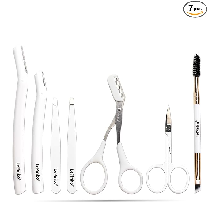 LePinko Eyebrow Trimmer Kit, 7 in 1 Eyebrow Scissors, Tweezer, Razor, Gromming Scissors Brush for Women Men, Gifts for Stocking Stuffers - White