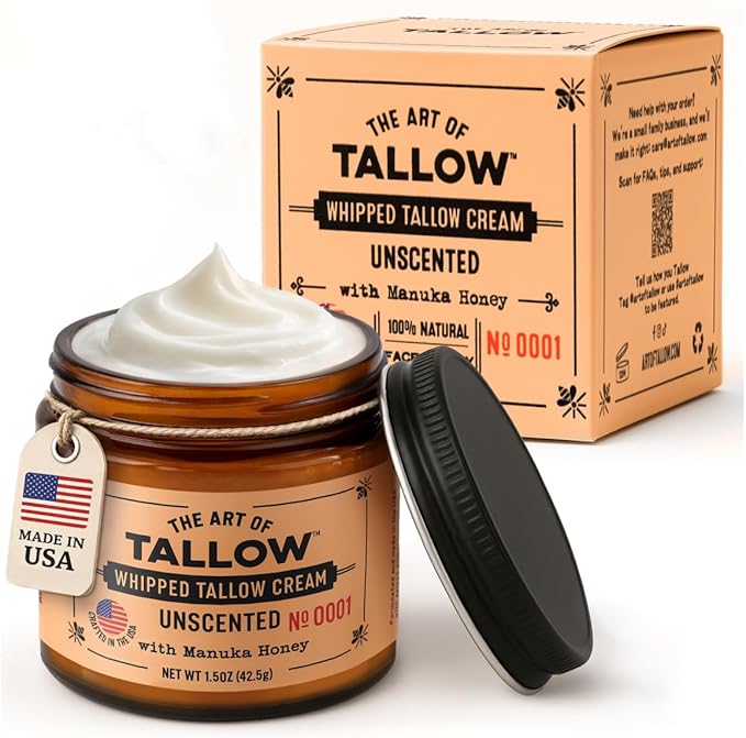 Tallow Face Moisturizer – Unscented Beef Tallow for Skin, Whipped Tallow Cream with Manuka Honey & Organic Jojoba Oil, Face Cream, Grass Fed & Finished, Made in USA, 1.5 oz
