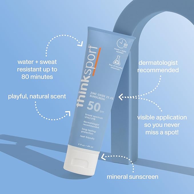 Thinksport SPF 50 Mineral Sunscreen – Safe, Natural Sunscreen for Sports & Active Use - Water Resistant Sun Cream –UVA/UVB Sun Protection – Vegan, Reef Friendly Sun Lotion, 3 Fl Oz (Pack of 1)