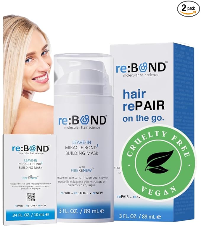reBOND Leave-in Miracle Bond Building Hair Mask- 4 minute Repair Treatment Deep Conditioning for Bleached, Damaged, Dry, Colored or Frizzy Hair - Set includes: 3oz + .34oz