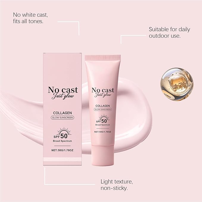 No Cast Just Glow Collagen Sunscreen, SPF 50 PA++++ Face Sunscreen with Peptide and Centella, Lightweight, Non-Sticky, Soothing Natural Sun screen Skincare