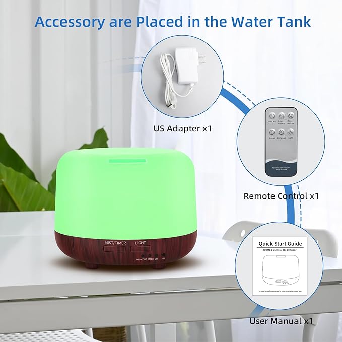 SPLITSKY Essential Oil Diffuser, 300ML Small Room Aromatherapy Diffuser with Remote Control, Quiet Operation, 7-Color LED Light, 4 Timer, Auto-Off, Easy to Clean for Bedroom, Living Room, Office