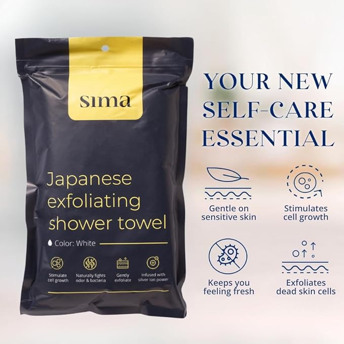 Sima Brand Exfoliating Washcloth Face & Body Scrub Towel - Japanese Exfoliating Towel with Hexagon Fibers, Body Scrubber with 2 Sides for Scrubbing & Washing, Extra Long Body Towels (White)