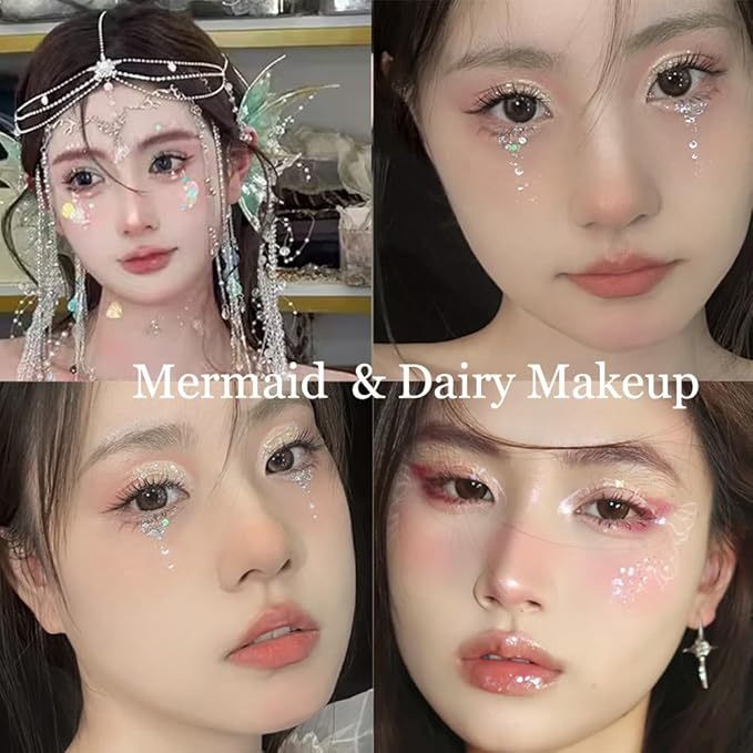 Mermaid Sequins Chunky Glitter Liquid Eyeshadow Glitter Body Gel Festival Glitter Cosmetic Face Hair Nails Makeup Long Lasting Sparkling 30g (#101 Colorful White)