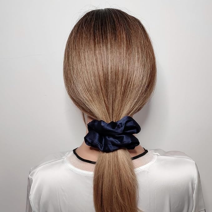 6 Pcs Satin Silk Scrunchies - Soft Hair Ties, Fashion Bands, Bows, Ropes, Elastic Bracelets, Ponytail Holders for Women and Girls (4.5 Inch, Navy Blue)