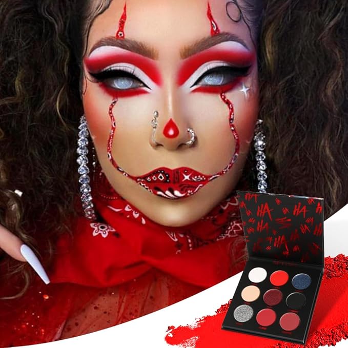 Red Goth Eyeshadow Palette - 9 Colors True Hot Red Black Eye Shadows | Halloween Glitters Makeup | Matte Shimmer High Pigmentation | Clown Vampire SFX Halloween Christmas Palette