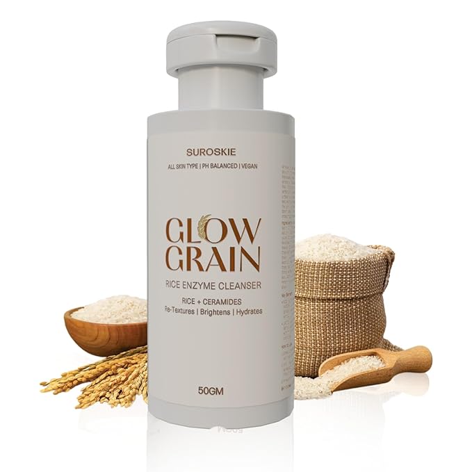 Suroskie Glow Grain Rice Enzyme Cleanser 50 Gm | Ceramide & Lactic | Deep Cleansing Foaming Facewash Powder For Hydrated, Glowing & Brighten Skin | Korean Skincare For All Skin Types For Men & Women