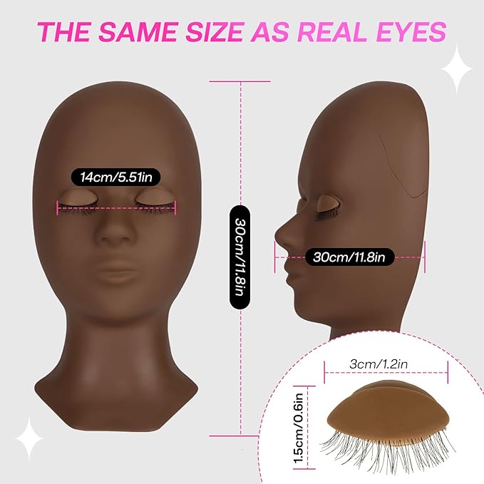 Lash Mannequin Head, CALAILIS Mannequin Head, Eyelash Extension Mannequin Head, Doll Head for Lash Extensions, Eyelash Mannequin Head with 4 Pairs Removable Eyelids (Black Color)
