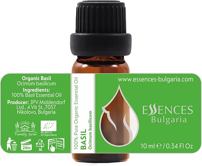 Essences Bulgaria Organic Basil Essential Oil 1/3 Fl Oz | 10ml | Ocimum basilicum | 100% Pure and Natural | Undiluted | Therapeutic Grade | Family Owned Farm | Steam-Distilled | Non-GMO | Vegan