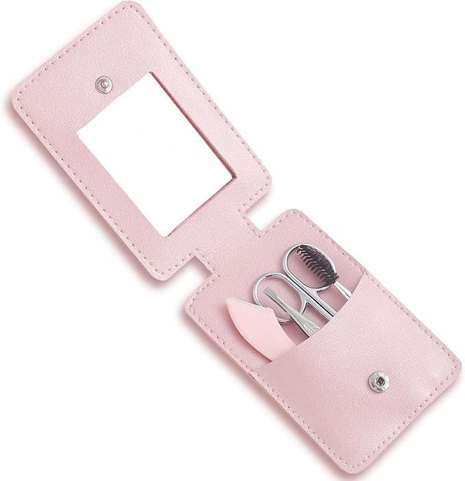 Eyebrow Trimmer Kit, 5-in-1 Set with Eyebrow Scissors, Eyebrow Razor, Tweezer, Brush, and Mirror for Women, Includes Leather Carry-Around Bag (Pink).