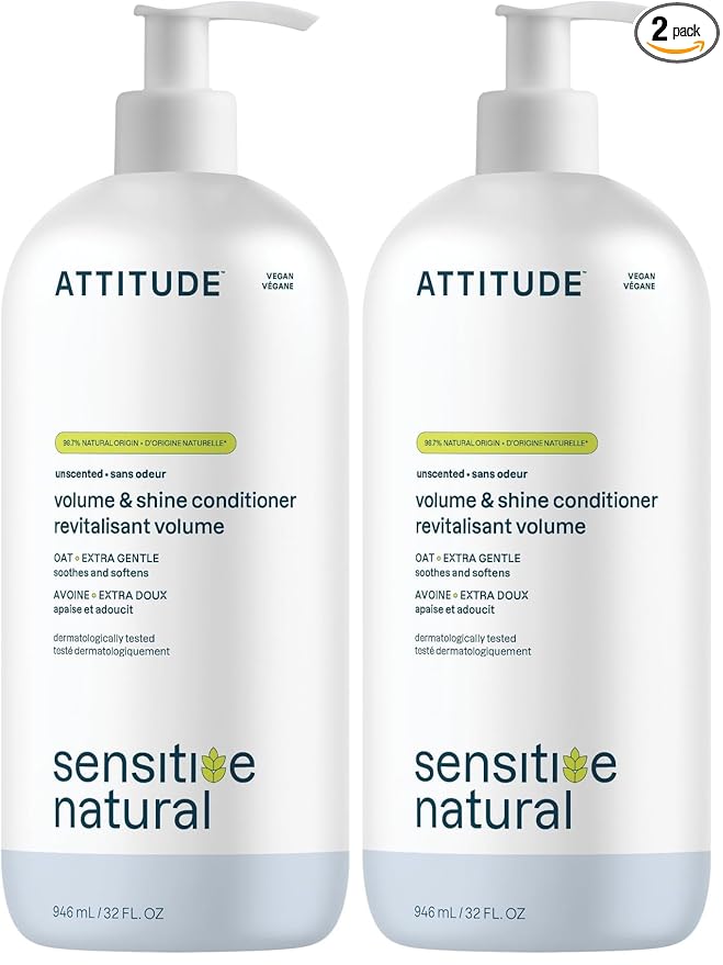 ATTITUDE Hair Conditioner for Sensitive Dry Scalp,Soothing Oat,Naturally Derived Ingredients,Dermatologically Tested,Vegan Detangler,Extra Gentle,Unscented,32 Fl Oz,(Pack of 2)