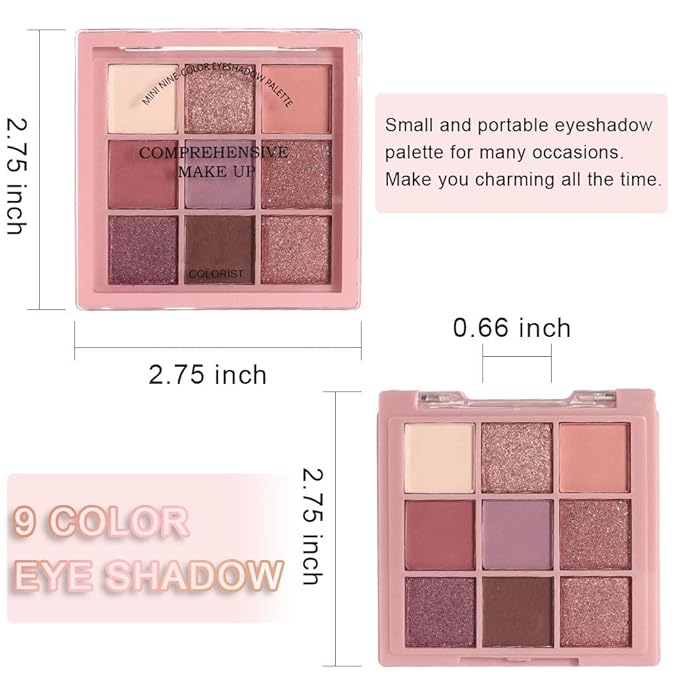 CAKAILA 9 Colors Colorful Eyeshadow Palette Makeup,Rose Gold Brown Purple Nude Matte Shimmer Neutral Eye Shadow Powder Palette,Naturing-Looking Long Lasting Waterproof