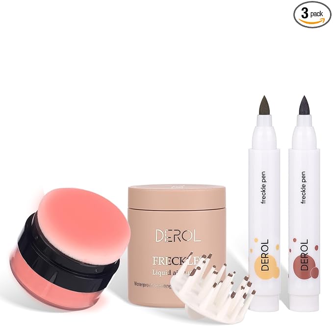 MARBUROLY Natural Freckle Coral Blush Makeup Kit- Liquid Fake Freckle Air Cushion, 2 Colors Freckle Pen, Powder Cushion Blush, Waterproof Long Lasting Freckles Marker for Cheek