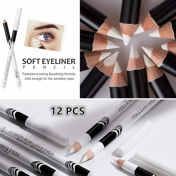 Go Ho 12 PCS White Eyebrow Eyeliner Pencils,White Eyeshadow Makeup Pen,Sweatproof Eye Highlighter Makeup Pencil,Long-lasting Nice Color Eye Brow Gel Pen,Brow Tint Sticks