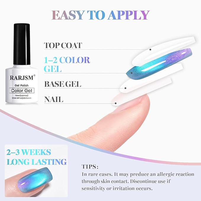 RARJSM Aurora Glass Ceramic Cat Eye Gel Nail Polish Set 6pcs Duo Color Universal Green Blue Purple Pink Orange Red Glitter Pearl Shell Mermaid Cateye Effect with Magnet Stick Curing Requires
