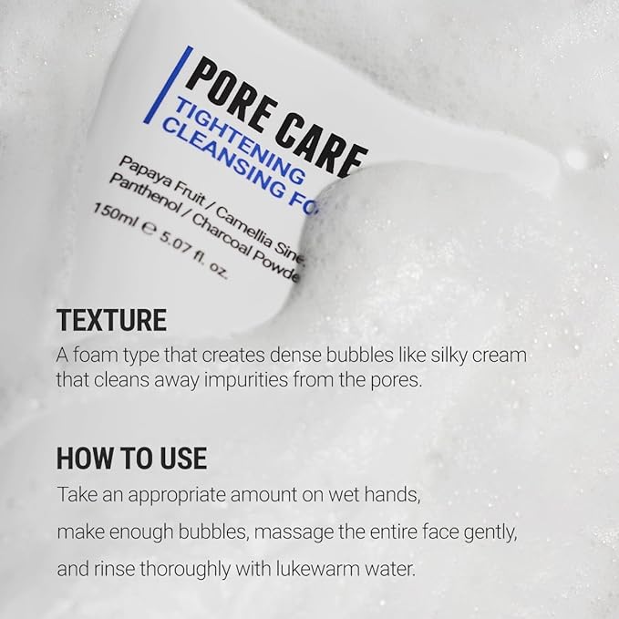 ROVECTIN Pore Tightening Cleansing Foam | Green Papaya, Glycerin, Charcoal Powder, AHA/BHA/PHA for Refining Pore Size, Non-Irritating | Oily, Dull Skin | Vegan (5.07 fl. oz.,150 ml)