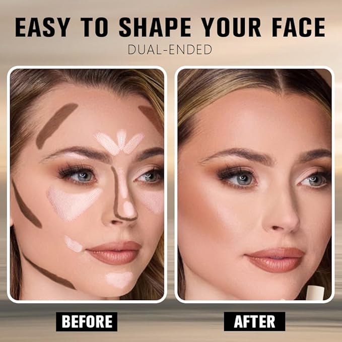 Dual Ended Contour Stick, Darker Nude + Light Pink Cream Concealer Highlighter, Waterproof No Transfer Long-Lasting 2-in-1 Face Contour Bronzer Stick for Daily Makeup 23#