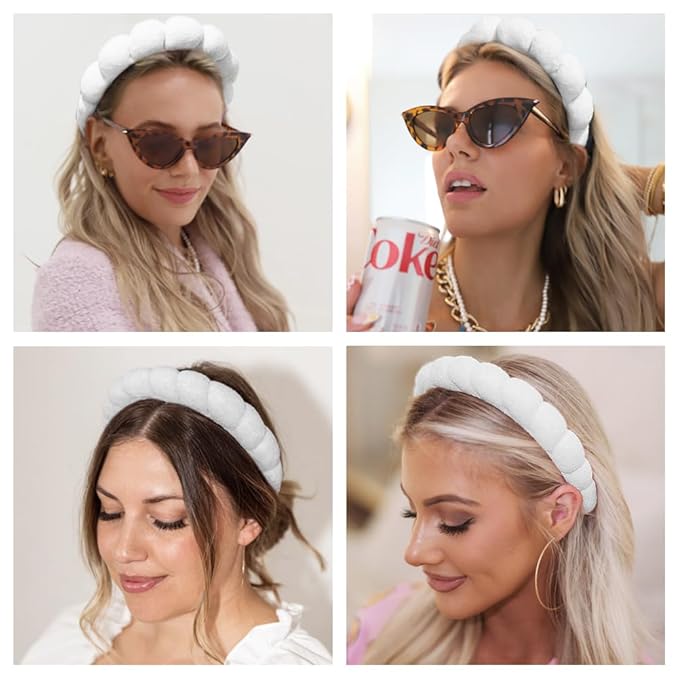 AOENJIE Spa Headbands for Washing Face or Makeup, Sponge Bubble Skincare Headbands, Puffy Terry Cloth Hairband for Women, Skin Care Makeup Headwear Hair Accessories for Girls (White)