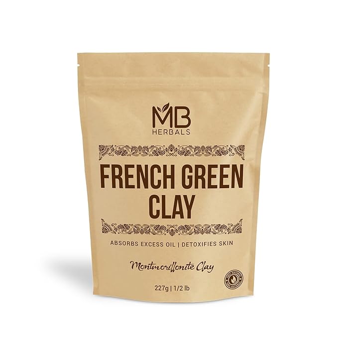 MB Herbals French Green Clay 8 oz | 0.5 lb / 227 Gram | 100% Pure Montmorillonite Clay | Absorbs Excess Oil | Detoxifies Skin | Recommended For Oily Skin | No Chemical Preservatives