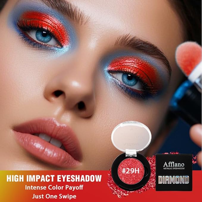 Afflano Red Glitter Eyeshadow, Diamond Bright Red Eyeshadow Instant Color, Super Pigmented Metallic Eye shadow One Swipe, Holographic Single Ruby Shimmer Eye shadow for Goth Smoky Clown Eyes Makeup