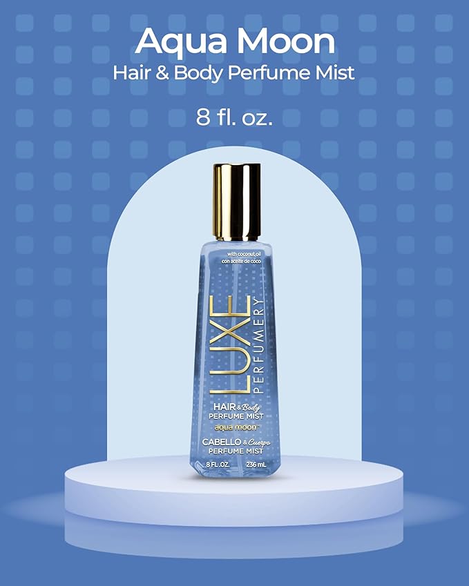 Luxe Perfumery Aqua Moon Hair & Body Perfume Mist – Fruity Floral Musk with Green Apple, Jasmine & Freesia – Hydrating Coconut Oil & Glycerin, Lightweight Daily Mist for Women, 8 Fl Oz