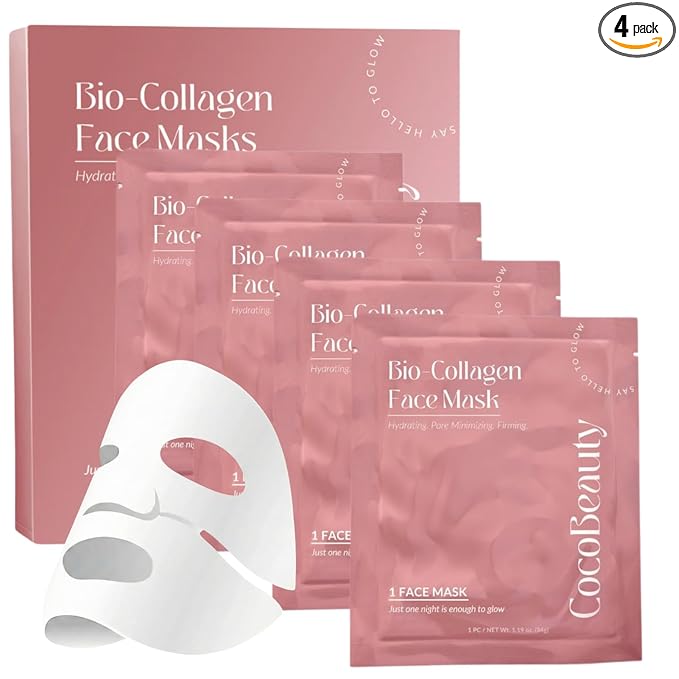 COCOBEAUTY Collagen Sheet Mask – Hydrating Korean Face Mask for Fine Lines & Anti-Aging, Deep Moisture, Radiant Skin Boost, Bio-Collagen Facial Masks (4 Pack)