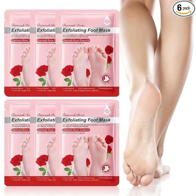 Damask Rose Foot Peel Mask (6 Pack), Exfoliating Foot Mask for Dry Cracked Feet, Dead Skin Callus Remover, Foot Exfoliator for Baby Soft Feet (Rose)
