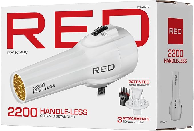 Red by Kiss Handle-Less Ceramic Tourmaline Hair Dryer, 1875W Ergonomic Grip, White, Includes 3 Attachments, For Detangling, Straightening, and Frizz-Free Shine