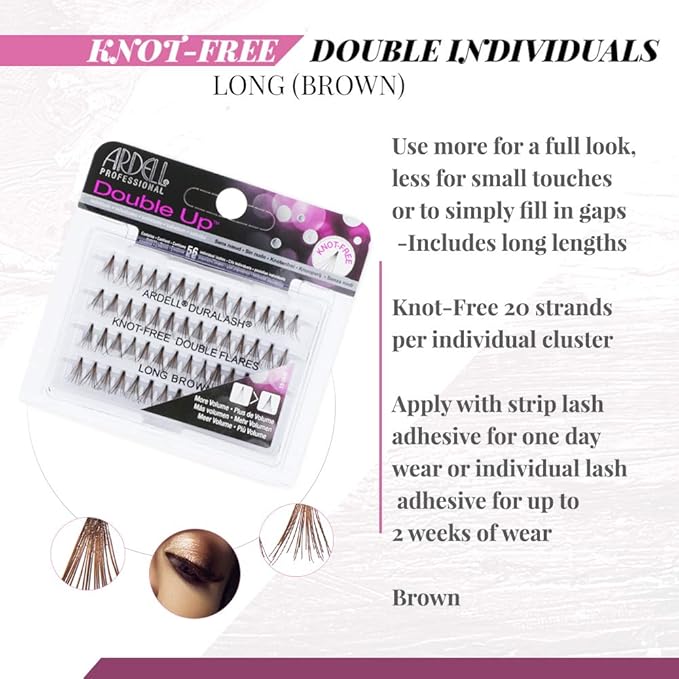 Ardell Double Up Individuals Lashes - Long Brown DIY Eyelash Extensions, Knot-Free Lash Clusters, Natural Look False Eyelashes, 4 Pack