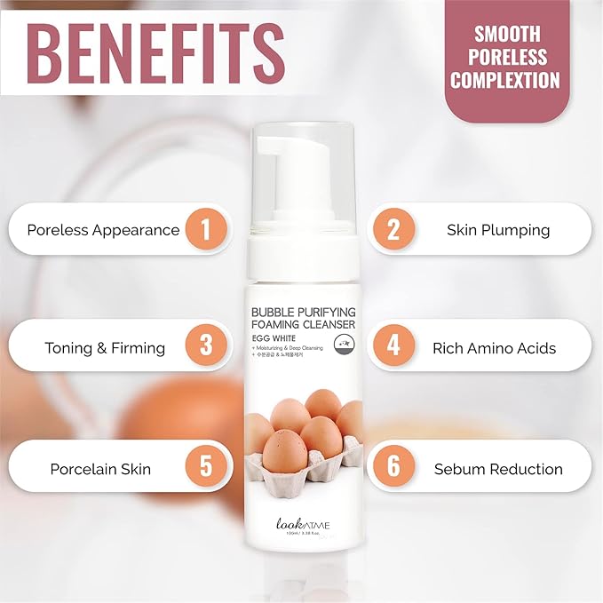 LOOKATME Korean Face Wash for Sensitive Skin - Water Based Bubble Skincare Cleanser - K Beauty Natural Acne Foaming Cleaner - Hydrating Skin Care Cleansing Foam with Low pH - Egg