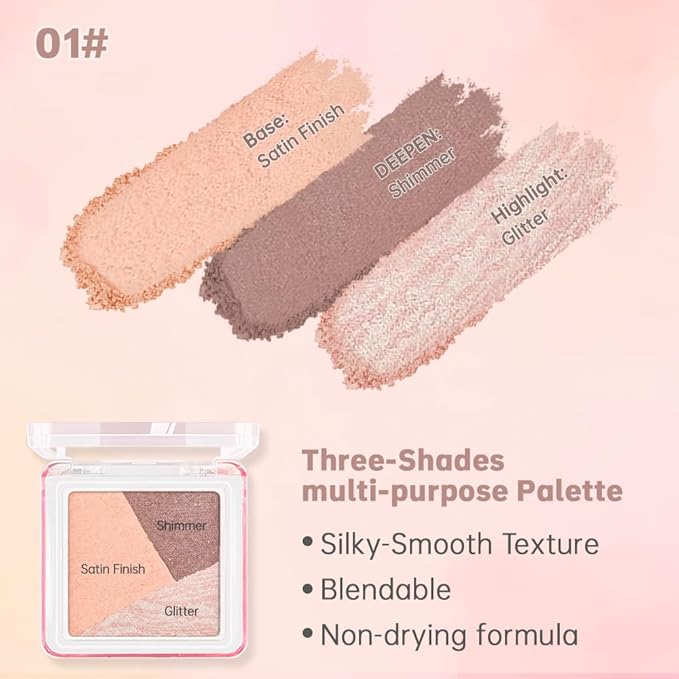 Neutral Pink Brown Shimmer Baked Eyeshadow Palette, 3 Color High Pigment Blendable Smooth Eye Shadow Makeup for Older Women, Travel Mini Palette Suitable for All Eye Shapes Vegan & Cruelty-Free 01#
