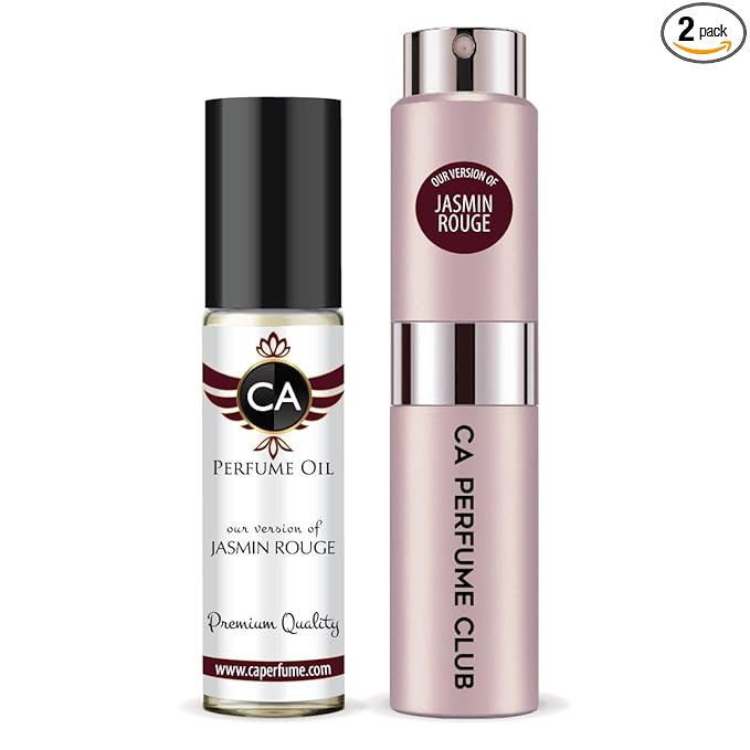 CA Perfume Duo Impression of Jasmin Rouge For Women Perfume Layering Set Long Lasting Travel Size EDP + Body Oil Roll-On Bottle 0.27 Fl Oz+0.33 Fl Oz