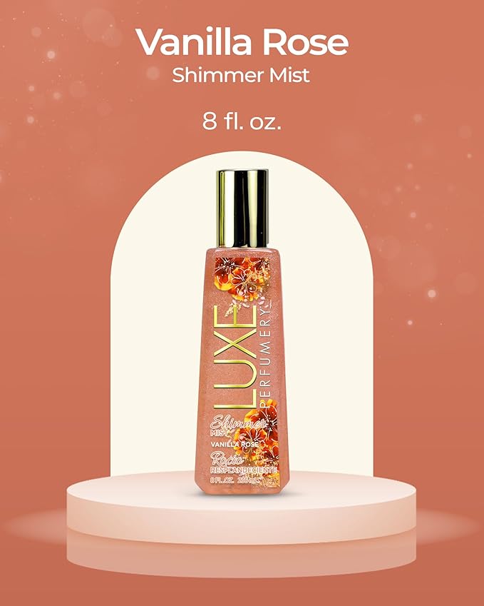 Luxe Perfumery Vanilla Rose Shimmer Body Mist – Body Glitter Spray with Soft Floral Vanilla, Rose, Bergamot & Violet Notes, Radiant Glow Shimmer Spray for Women, Gift for Her, Made in USA, 8 fl oz