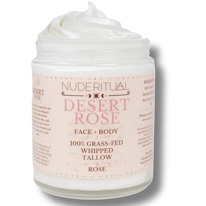 100% Grass-Fed Beef Tallow – Whipped Body Butter Moisturizer for Face & Body – USA Made Natural Lotion Alternative for Dry, Sensitive Skin – 4 oz (Desert Rose – Rose)