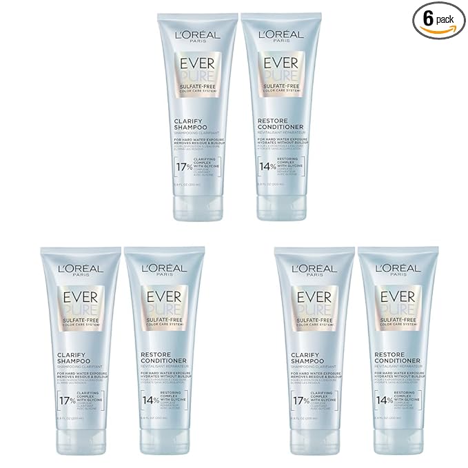 L'Oreal Paris Clarify and Restore Sulfate Free Shampoo and Conditioner Set with Antioxidants for Hard Water Exposure-and Styling Build-up,EverPure,1 Hair Care Kit,(Pack of 6)