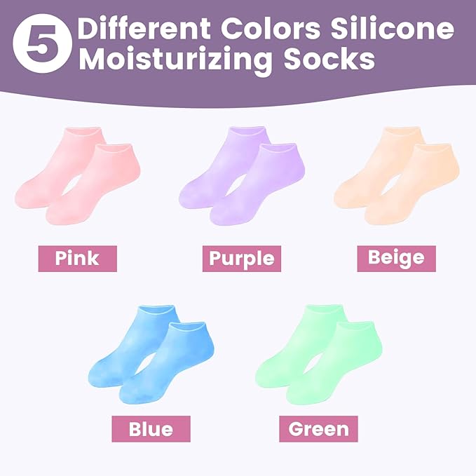 TEAWOO 5 Pairs Silicone Socks for Dry Cracked Feet, Women's Foot Socks for Moisturizing, Cracked Heel Treatment (5 Colors Assorted, Fits Up to Size 11)