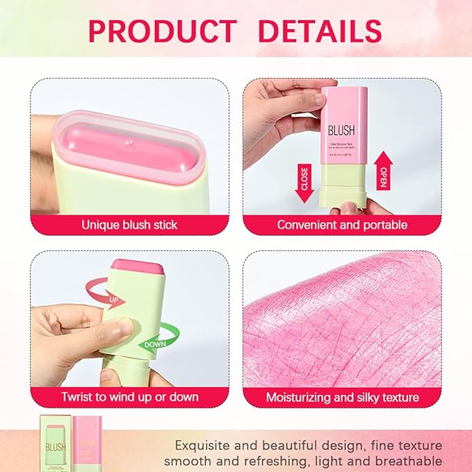 FYEBOO Multi-Use Makeup Blush Stick, Cream Blush Stick, Tinted Solid Moisturizer Stick for Cheek & Eyes & Lips, Waterproof Natural Nude Makeup, Suitable for All Skin (1#Shy Pink)