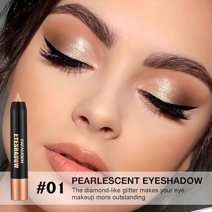 FeiCuiYun Monochrome Cream Glitter-Shimmer Eye Shadow Stick Palette makeup | 2-in-1 Eyeshadow & Eyeliner Pencil for Women | Waterproof, Vegan & Cruelty-Free | Sombras Para Ojos | 01 Shimmer Light Gold