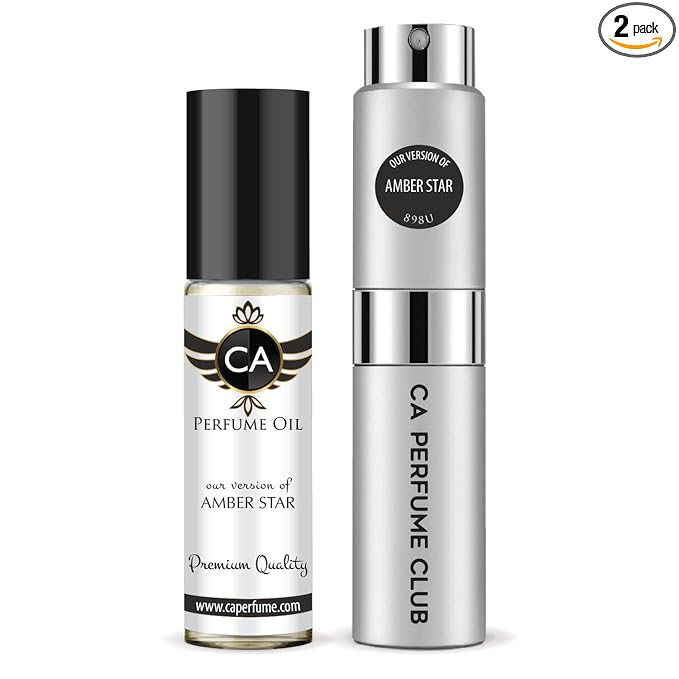 CA Perfume Duo Impression of Amber Star For Women And Men Perfume Layering Set Long Lasting Travel Size EDP + Body Oil Roll-On Bottle 0.27 Fl Oz+0.33 Fl Oz