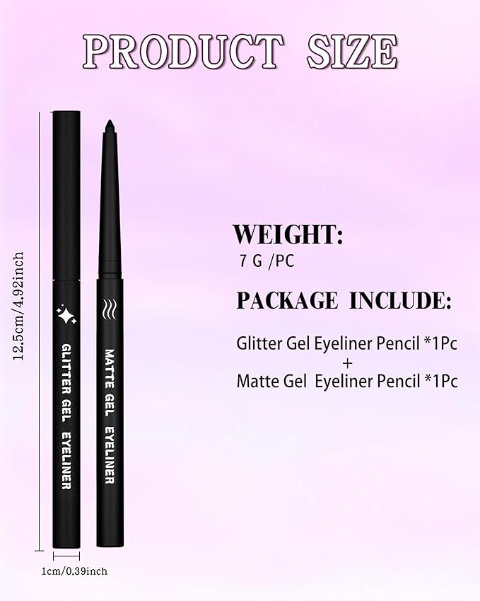 2 PCS Brown Eyeliner Pencil Set, Matte & Glitter Gel Eyeliner Pencil kit, Waterproof & Smudge-proof Waterline Eye Liner Pen Beauty Makeup for Mature Women, Girls, Daily, Party, Halloween-Brown Set