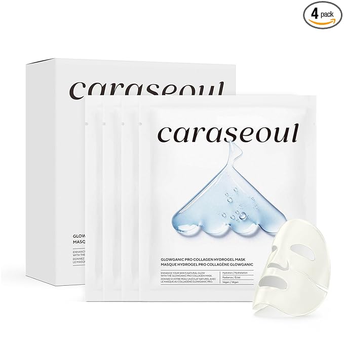 caraseoul Glowganic Pro Collagen Face Mask, Hydrogel Korean Face Mask with Niacinamide & Adenosin, Radiance Boost, Hydrating Overnight Sleep Mask, Vegan, Korean Skin Care [1.19oz (34g) x 4ea]