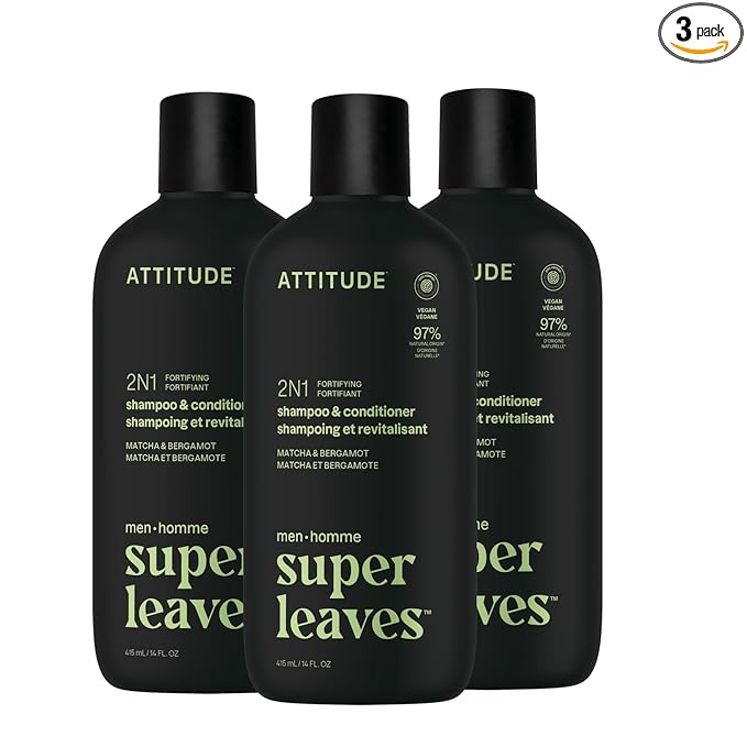 ATTITUDE Men's Shampoo and Conditioner 2-in-1, Fortifying For Fragile Hair, With Caffeine and Green Tea, 97% Natural Origin Ingredients, EWG Verified, Matcha & Bergamot, 14 Fl Oz (Pack of 3)