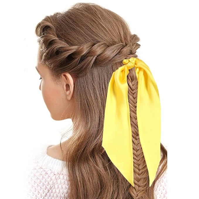 3PCS Hair Scarf Scruncheis for Women Knotted Bow Hair Ties Elastic Bands Satin Hair Ribbon Scrunchy Red Ponytail Holder for Women and Girls (Yellow Lilac Pink)