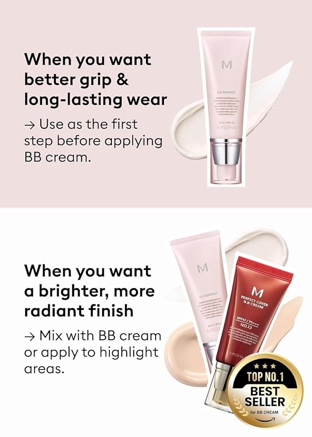 MISSHA M BB Boomer Primer for Face I Creamy-Soft, Illuminating Makeup Primer for Dewy Finish, Hydrating Radiant Cream, Moisturizing Makeup Base, Glass Skin, 1.35 Fl oz/40ml