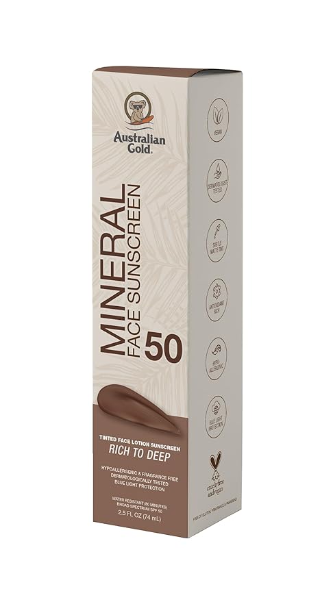 Australian Gold SPF 50 Tinted Mineral Face Sunscreen, Rich to Deep, 2.5 fl oz, Broad Spectrum, Non-Greasy BB Cream with Blue Light & Sun Protection, 4% Zinc Oxide & Titanium Dioxide, Hypoallergenic