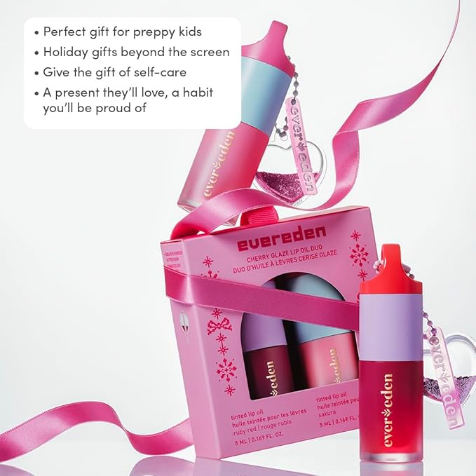 Evereden Kids Tinted Non Toxic Lip Gloss Kit: Ruby Red & Sakura Pink, Non Toxic and Vegan Makeup for Kids - Hydrating Lip Gloss with Sunflower, Avocado, Grapeseed Oils - Gift Set with a Box