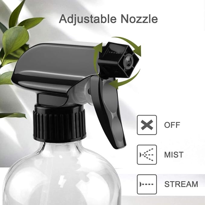 Worldgsb Glass Spray Bottles, 16oz Clear Glass Spray Bottles with Labels & Adjustable Nozzle, Reusable Containers for Cleaning Solutions, BBQ, Food, Plants, Alcohol, Essential Oils(2 Pack)