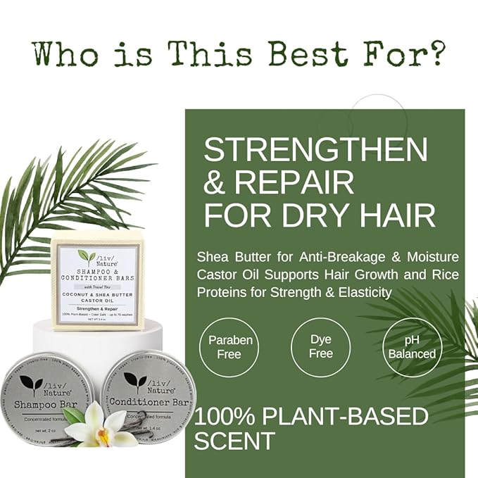 Shampoo Bar and Conditioner Set with Travel Case | Strengthen and Repair Dry Hair | Coconut, Castor Oil, Shea Butter | Made in USA | 2-pk