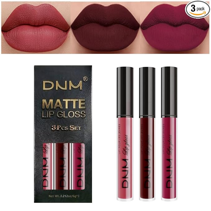 evpct 3Pcs Dark Red Purple Matte 24-hour Liquid Lipstick Sets, Matte Lipstick Lip Stain Long Lasting 24 Smudge Waterproof Lip Gloss Gift Set Matt Lipsticks Set Matt Liquid Women Makeup Lipstick 06