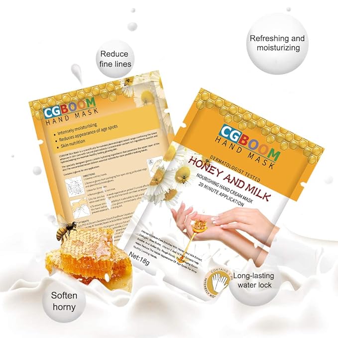 CGBOOM 3 Pairs Hand Masks Moisturizing Gloves, Hand Skin Repair Renew Mask Infused Collagen, Vitamins + Natural Plant Extracts for Dry, Aging, Cracked Hands (Honey and Milk)